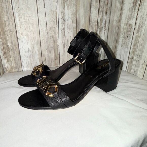 Michael Kors Reed Sandal Black Leather Gold MK Logo Block Heel Size 7.5M | New W - Picture 6 of 15